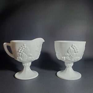 Vintage Indiana Glass Colony Harvest Grape Milk Glass Creamer & Sugar Bowl Set